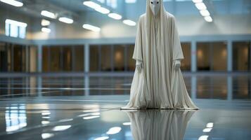 An awe-inspiring statue of a person in a white mask stands in the middle of an indoor floor, inviting viewers to contemplate its artistry and mysterious aura, AI Generative photo