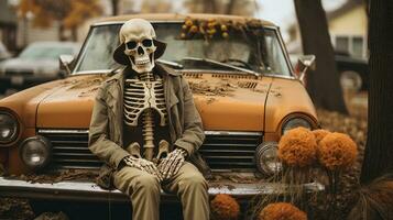 A lone skeleton perched atop a weathered car, its tires sunken in the earth and hood open to the wild sky, serves as a reminder of the fleeting nature of life, AI Generative photo