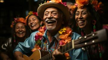 A vibrant group of people dressed in colorful clothing strumming a guitar in harmony, joyfully creating an atmosphere of music and entertainment outdoors at a festival, AI Generative photo