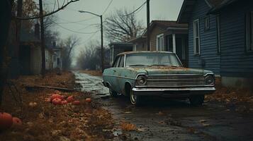 An abandoned car, parked on a crumbling street, its wheels slowly sinking into the ground as the sky looms above, serves as a stark reminder of the decay of time, AI Generative photo