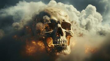 A wild sky full of billowing clouds and smoke frames a hauntingly beautiful skull engulfed in flames, AI Generative photo