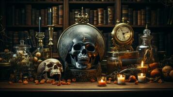 A dark and mysterious atmosphere fills the room, illuminated by the flickering light of candles perched atop a bookshelf, casting eerie shadows over the skull on the table below, AI Generative photo