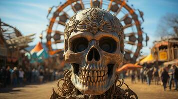 Against a backdrop of a brilliant sky, a hauntingly beautiful skull mask stands as a surreal work of art, with a ferris wheel providing a whimsical contrast, AI Generative photo