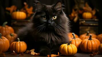 A black cat lying next to pumpkins in halloween night, AI Generative photo