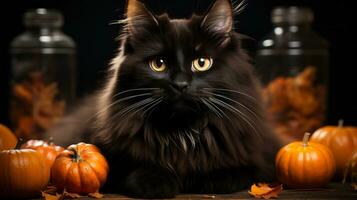 On a crisp halloween night, a black cat with bright orange pumpkins snuggled in its whiskers rests peacefully indoors, reminding us of the warmth and joy of the season, AI Generative photo