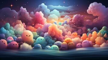 A vivid cartoon of a flock of bright, joyous clouds floating across the sky evokes a sense of wonder and adventure, AI Generative photo