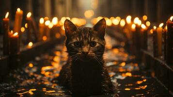 A curious cat gazes upon the dancing light of the candles, surrounded by the stillness of the water inside the cozy, inviting home, AI Generative photo