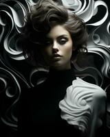 The captivating portrait captures the fluidity and wildness of a woman adorned in a striking black and white dress, her curly hair adding an artistic touch to her bold fashion statement, AI Generative photo