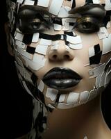 A striking woman adorned with bold black and white makeup evokes a sense of fierce artistic expression and avant-garde fashion in an intimate indoor setting, AI Generative photo
