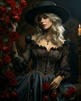 A fashion-forward lady exudes confidence and grace in her black dress and hat adorned with a delicate rose embellishment, bringing an air of elegance to the indoor setting, AI Generative photo