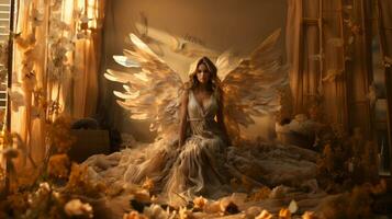 A whimsical masterpiece, showcasing the ethereal beauty of a winged woman adorned in an artfully crafted dress, AI Generative photo