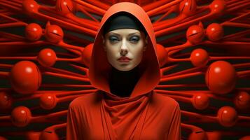 A fiery woman clad in a vibrant red hoodie stands amongst the chaotic beauty of an indoor art exhibit, exuding a fierce energy that ignites the space, AI Generative photo