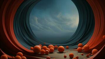 A mesmerizing sky of vibrant orange balls fills a round tunnel, distorted through a fisheye lens, creating a wild and fluid scene that evokes a sense of wonder and curiosity, AI Generative photo