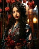 un mujer adornado en un vibrante rojo kimono soportes en un lozano interior jardín, el delicado Rosa en su pelo reflejando el gracia y belleza de el flor bordado en su elegante túnica, ai generativo foto