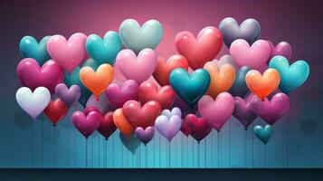 A vibrant burst of magenta and pink balloons, shaped into hearts, add a playful and lively touch to the colorful background, AI Generative photo