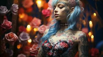 un vibrante mujer adornado con azul pelo y intrincado floral tatuajes exuda un rebelde y Libre de espíritu aura, encarnando el belleza de autoexpresión y individualidad, ai generativo foto