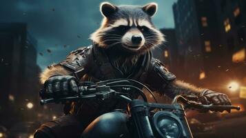 An adventurous mammal roars through the wild, fur flying, on a sleek motorcycle - a daring raccoon embracing the freedom of the outdoors, AI Generative photo