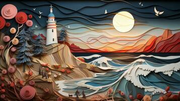 A whimsical anime-inspired illustration of a paper lighthouse, blending the worlds of painting and cartoon with fluid lines and wild emotion, AI Generative photo