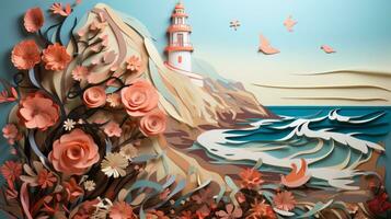 A paper cut out of a lighthouse on a hill with flowers and birds, AI Generative photo