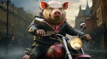 As the swine revved his motorcycle outside the abandoned building, a person stood in awe of the wild and daring spirit of the pig, AI Generative photo