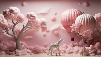 A majestic giraffe stands tall amidst a dreamy landscape of blooming flowers, vibrant hot air balloons, and soft pink clouds, evoking a sense of whimsy and wonder, AI Generative photo