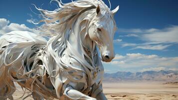 A white horse with long hair running in the desert, AI Generative photo