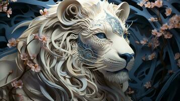 A white lion with blue eyes and flowers, AI Generative photo