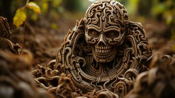 An eerie outdoor masterpiece, the intricate woodcarving of a skull statue evokes a haunting sense of mortality and the fluidity of art, AI Generative photo
