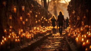 The warm glow of flickering candles illuminates the path as a group of friends venture into the dark, enchanted forest, their footsteps crunching against the cool earth beneath them, AI Generative photo