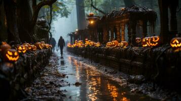 A person walking on a path with pumpkins on the wall, AI Generative photo