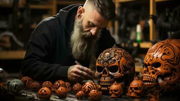 A pumpkin-headed man unleashes his halloween spirit indoors, passionately painting a skull with wild strokes of color and emotion, AI Generative photo