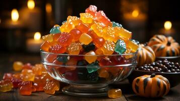 A vibrant bowl of halloween gummy candies, bursting with confectionery sweetness and indoor indulgence, surrounded by tangy oranges, beckoning for a delicious dessert adventure, AI Generative photo