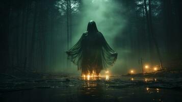 A lone figure draped in a cloak wanders through the misty forest at night, surrounded by towering trees and the eerie glow of the moon, AI Generative photo