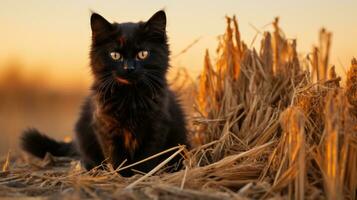 un majestuoso negro gato toma el sol en el calentar sol, rodeado por dorado campos y alto césped, sus bigotes espasmos en contentamiento como eso encuestas el interminable cielo arriba, ai generativo foto