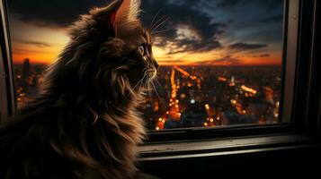 A curious cat gazes at the bustling city below, framed by a fiery sunset and the soft clouds in the sky, from the safety of its indoor perch by the window, AI Generative photo