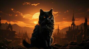 As the fiery sun sets behind the bustling city, a majestic black feline perches atop rugged rocks, gazing up at the ever-changing sky with a sense of untamed wonder, AI Generative photo