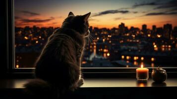 A cat sitting on a window sill looking at a city, AI Generative photo