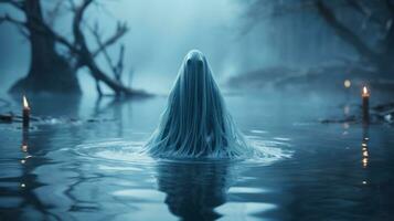 A wild being emerges from the foggy waters, their flowing white hair blending seamlessly with the fluid nature that surrounds them, AI Generative photo