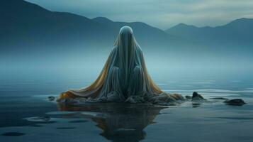 A figure shrouded in a sheet finds solace in the serene embrace of water, surrounded by the vast expanse of sky and landscape, with mountains looming in the distance, AI Generative photo