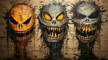 A hauntingly beautiful painting of a graffiti-style skull, its yellow eyes gleaming with rebellious defiance, evoking feelings of both fascination and fear, AI Generative photo