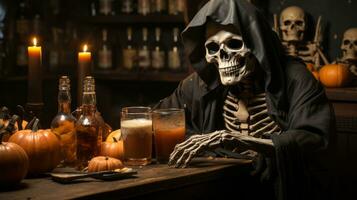 A spooky skeleton, cloaked in a robe, sips a sinister drink amidst flickering candles and festive pumpkins, welcoming the halloween spirit with haunting grace and mysterious allure, AI Generative photo