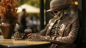 A stylish skeleton sips coffee at an outdoor street cafe, donning a fancy hat and chic glasses while surrounded by a vase of vibrant flowers and a potted plant on the table, AI Generative photo