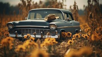 A whimsical vehicle rests peacefully in a lush field, its wheels sinking into the grass and a charming hat perched on the hood, adding a touch of personality to this parked transport, AI Generative photo