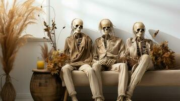 Skeletons sitting on a couch, AI Generative photo