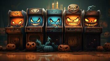 In a spooky indoor arcade, flickering candles illuminate a group of cartoon-like machines adorned with grinning pumpkins, inviting players to join in on the wild halloween fun, AI Generative photo