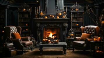 Amidst the cozy furnishings and warm hearth of a quaint indoor room, plush couches beckon for comfort and conversation around the flickering flames of a grand fireplace, AI Generative photo