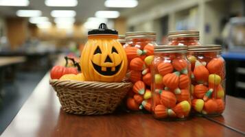 Amidst the cozy indoor setting, a vibrant pumpkin and a jar of candy corn sit upon the floor, tempting all with their delectable halloween charm, AI Generative photo