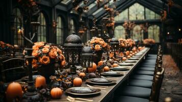 A table with orange and black decorations, AI Generative photo