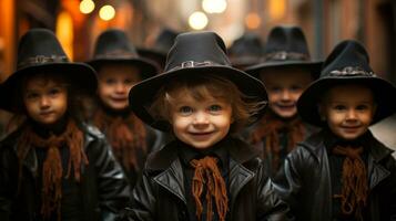 A lively group of young children, donning black fedoras and standing proudly on the street, their beaming smiles hidden beneath their stylish headgear and jackets, AI Generative photo