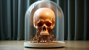 A bony gaze locked in time, a haunting centerpiece on the indoor floor, encased in a glass dome, a stark reminder of mortality and fragility, AI Generative photo